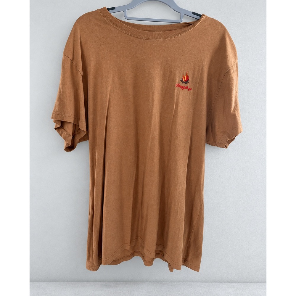 PINK Snuggle Up Campfire Brown Cotton Tee S 19.5" Pit-to-Pit